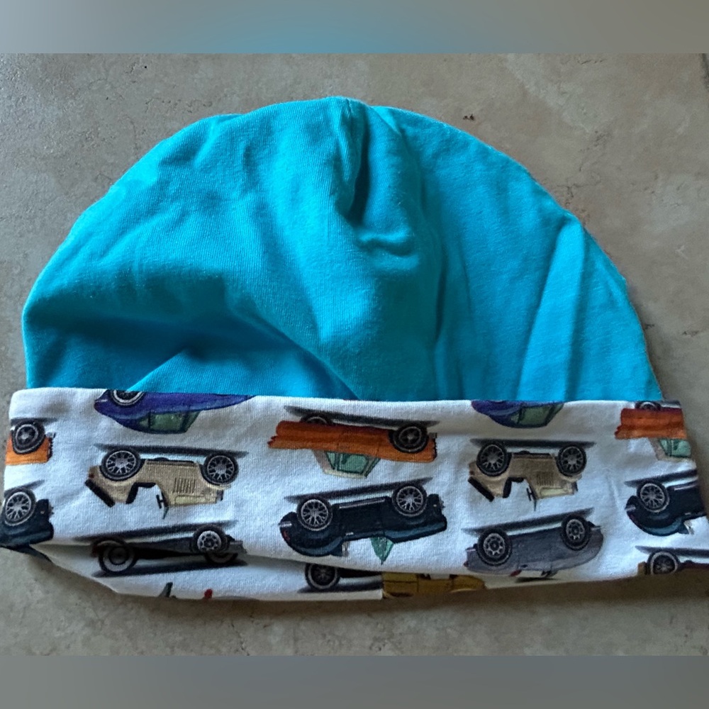Kids Blue Boys Beanie with Car Print Sz L